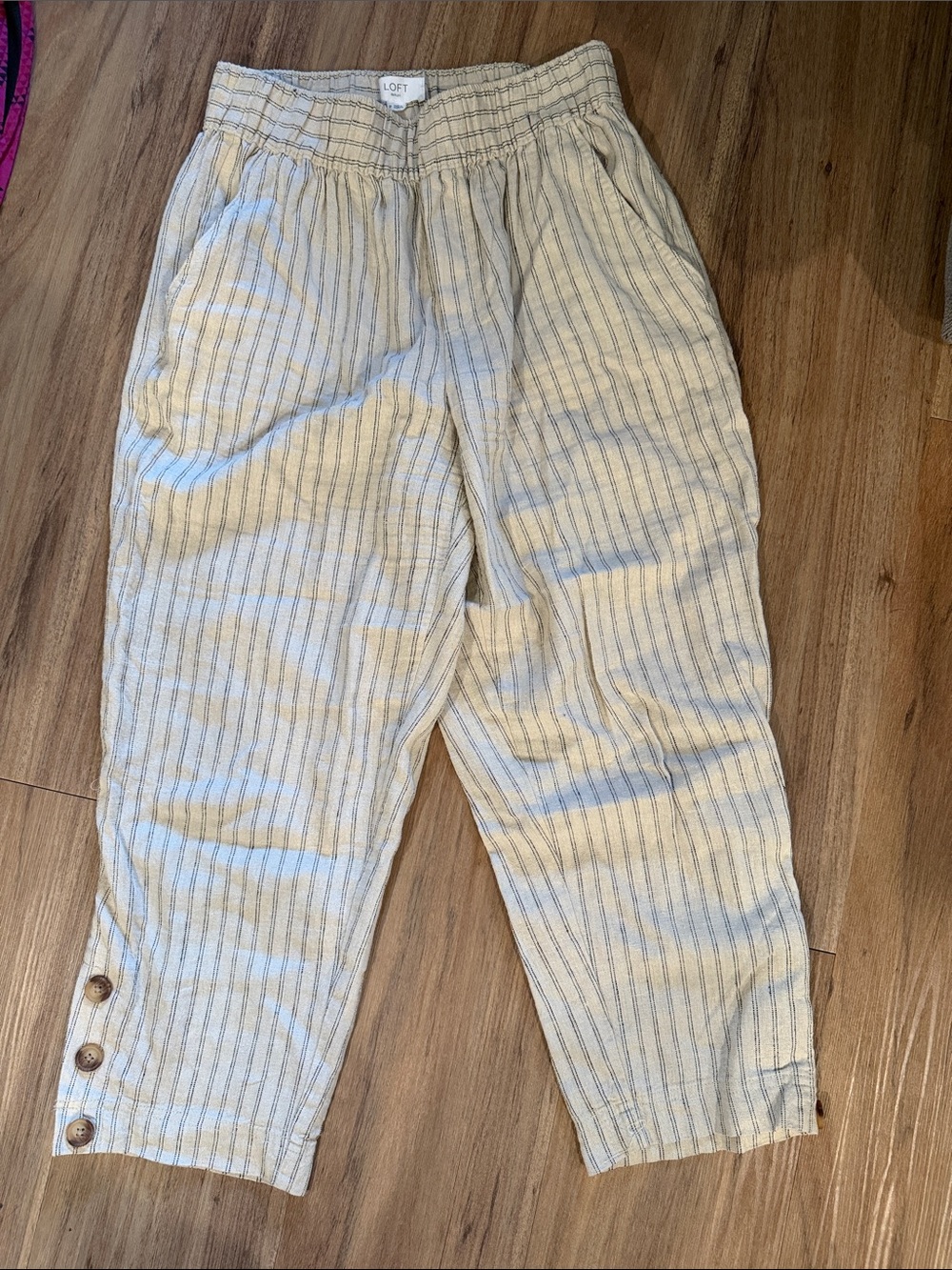 LOFT Girls' Striped Cropped Linen-Blend Pants in Cream and Blue